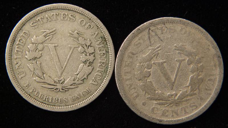 2 DIFFERENT TYPE OF V NICKELS - 1883 without CENTS (FINE) & 1905 with CENTS (GOOD)