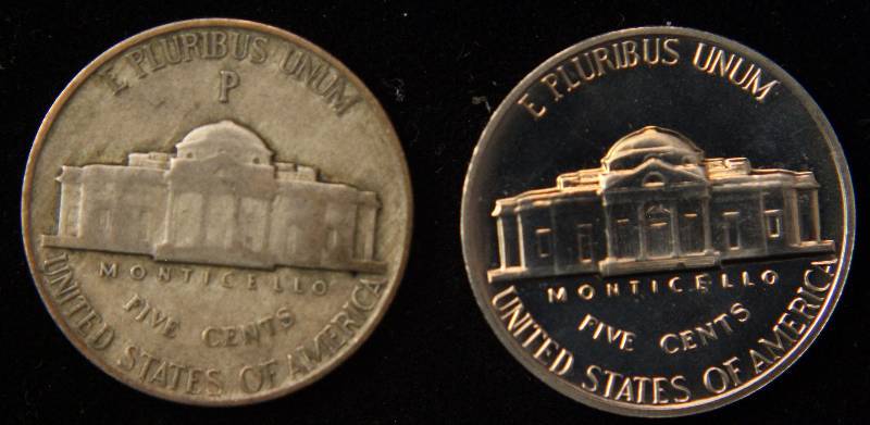 GROUP OF 2 US JEFFERSON NICKELS 1943 SILVER WAR & 1970-S PROOF