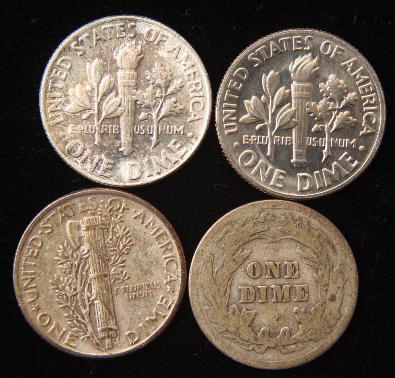 GROUP OF 4 DIFFERENT TYPE OF DIMES 1913 BARBER, 1941 MERCURY, 1964 SILVER ROOSEVELT & 1973 PROOF