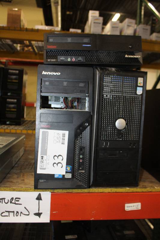 lot 33 image: Lot of (3) Computer Towers Includes Lenovo, Dell, Toshiba