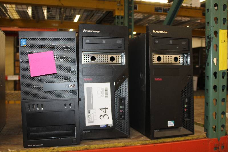 lot 34 image: Lot of (3) Computer Towers Includes Lenovo ThinkCentre, Dell Optiplex XE2