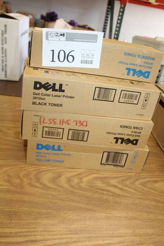 lot 106 image: Lot of (7) Printer Toner Includes Dell 3010cn Black, Dell 3010cn Cyan, Dell 3010cn Yellow