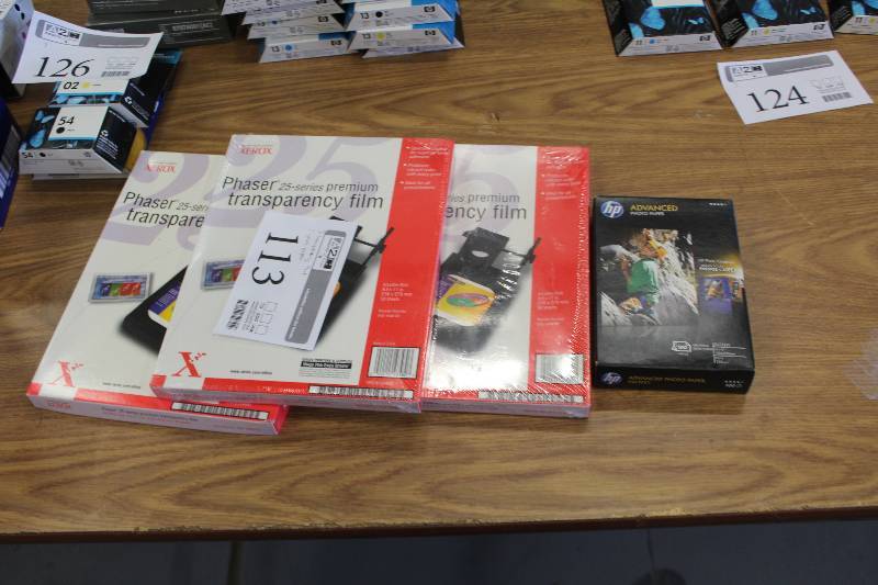 lot 113 image: Lot of (4) Office Supplies Includes 3-Xerox Phaser 25-Series Premium Transparency Film Packs, 1-HP Advanced Photo Paper