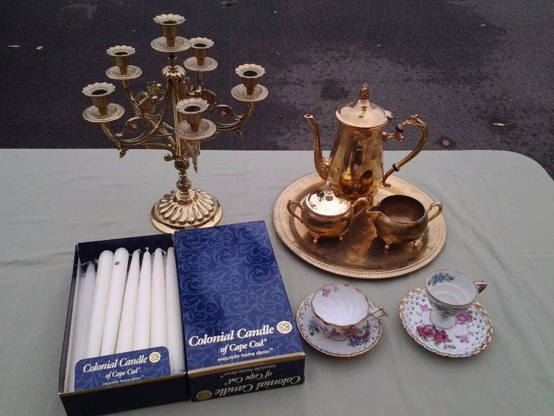 lot 22 image: Heavy Candelabra (Made In Italy), Box Of 12-Colonial Candles, Gold Plated Service Set, Tea Cups & Saucers