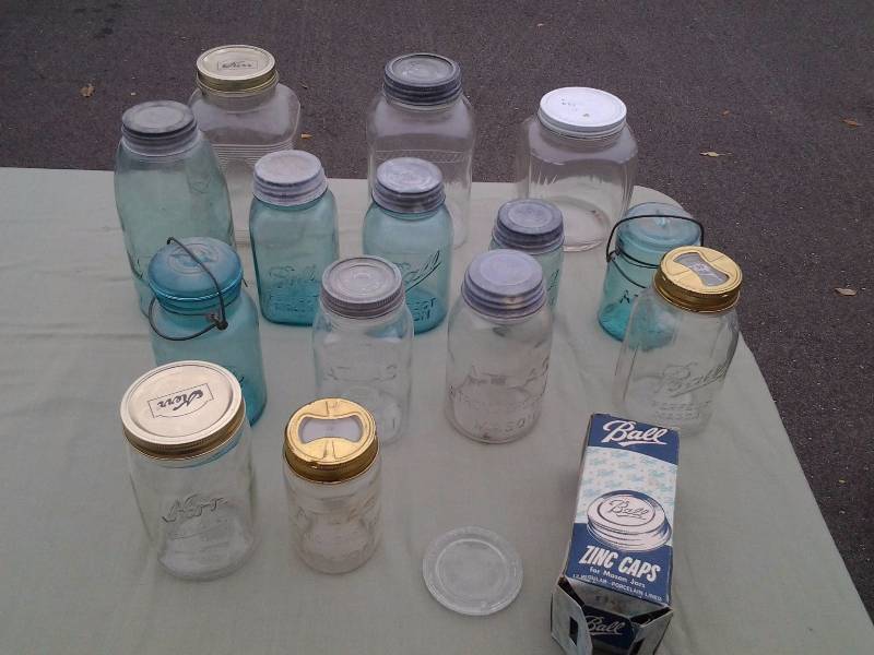 lot 24 image: Lot Of Assorted Vintage Canning Jars With Lids, Box Of Zinc Lids