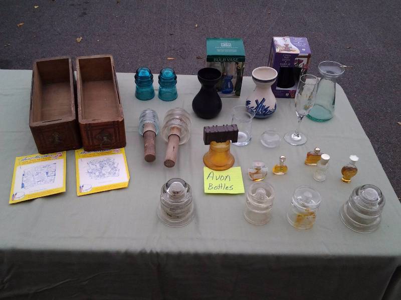 lot 30 image: 2-Old Sewing Machine Drawers, Telephone Insulators, Crocus Bulb Vases, AVON & Other Perfume Bottles