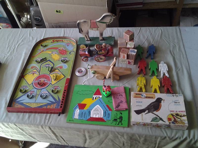 lot 45 image: Lot Of Vintage Toys Tin Put-n-Take Baseball Game, Tin Wind-Up Whoopee Car, Lone Ranger Pedometer