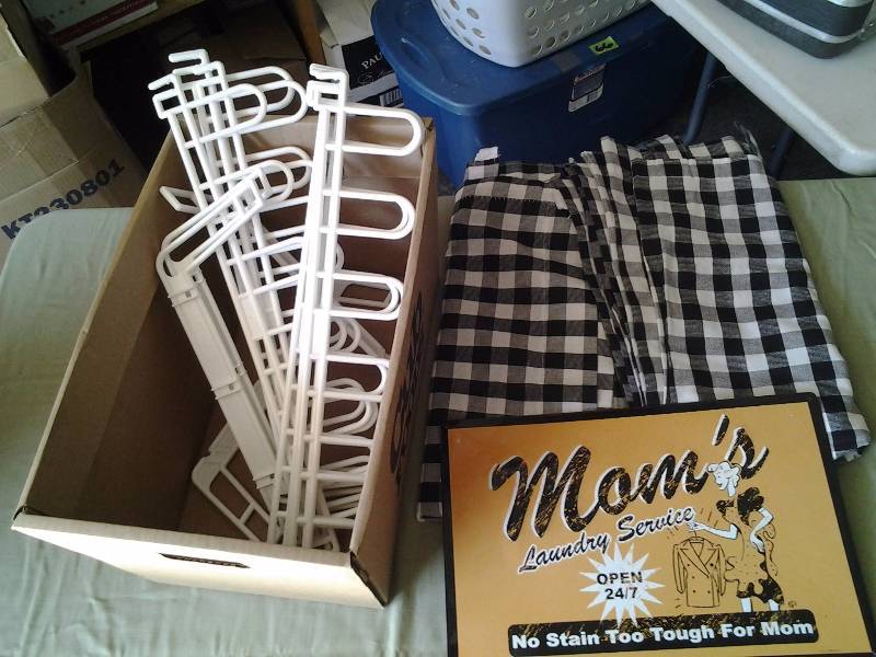 lot 61 image: Tin Sign-Moms Laundry Service, Shoe Rack, Pair Of Black Check Tab Top Panels