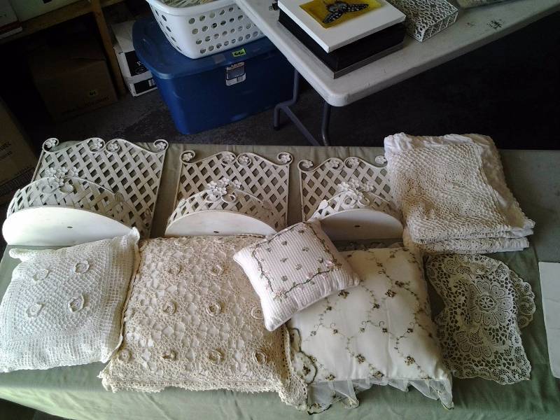 lot 65 image: 3-Metal Wall BasketShelves, Decorative Lace Pillows, Pair Pillow Shams