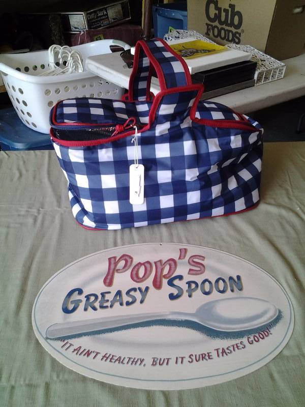 lot 70 image: Pops Greasy Spoon Tin Sign 12x16, NEW Insulated Picnic Cooler