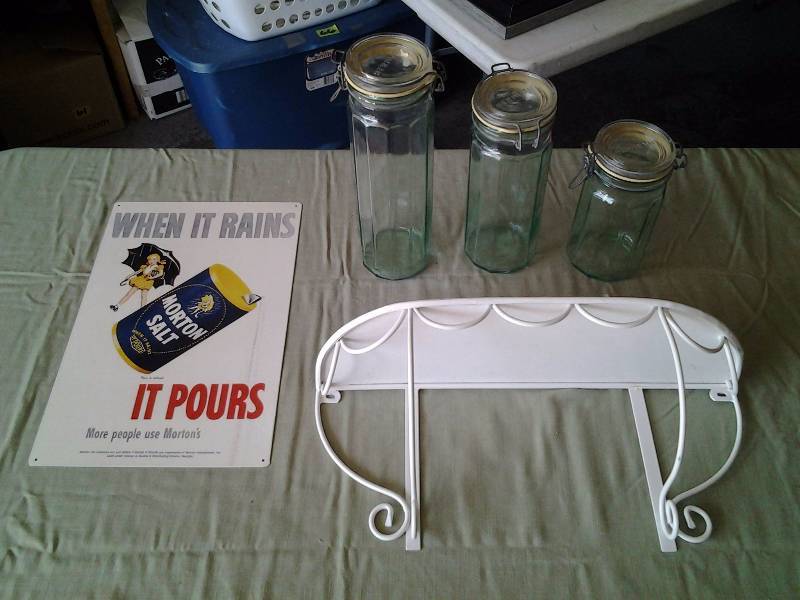 lot 71 image: Morton Salt Tin Sign 12x17, 3-Glass Canisters, 1-Metal Wall Shelf