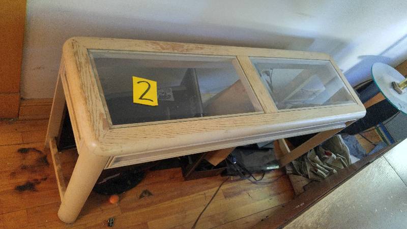 lot 2 image: Wood and Beveled glass Sofa Table