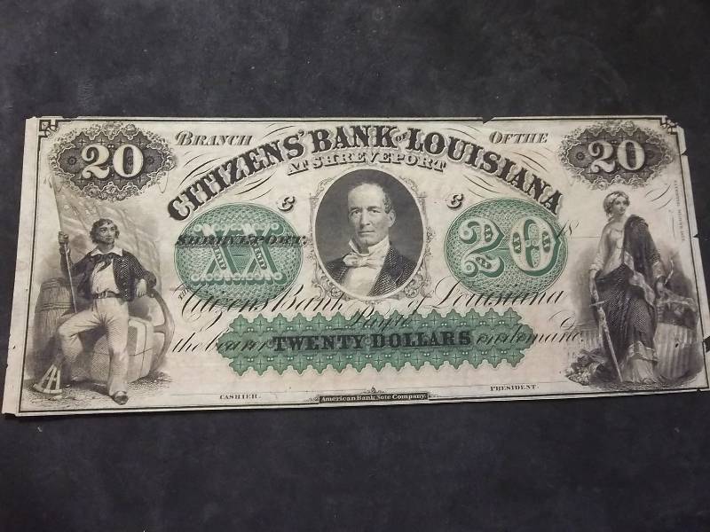 1857- 20 Dollar Broken Bank Note From Citizen State Bank Of Louisiana