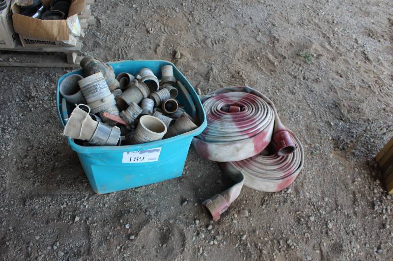lot 189 image: Pile Lot of Fire Hose Equipment Includes Box Lot of Fire Hose Ends, 2-50ft. Fire Hose Rolls