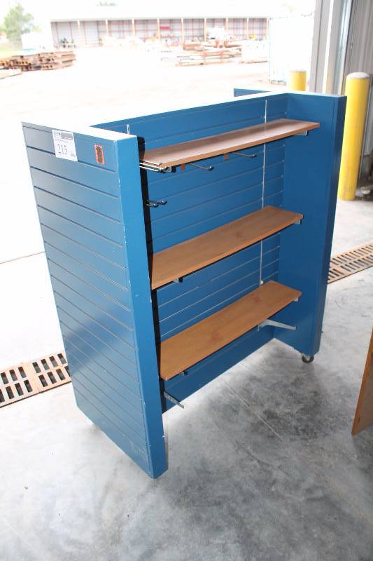 lot 215 image: Commercial Rolling 2-Sided Display Case w Shelves, Brackets