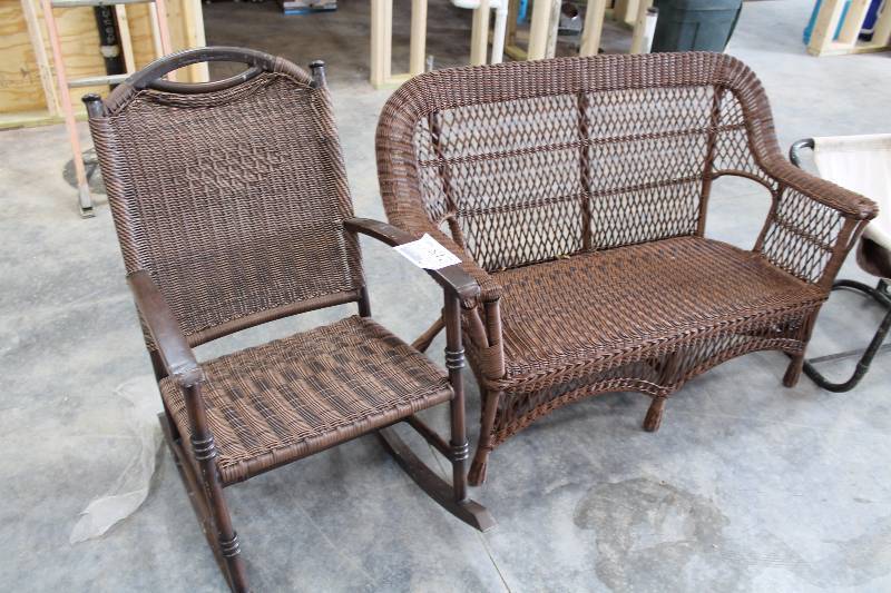 lot 218 image: 2-Piece Wicker Patio Furniture Includes Rocker, Love Seat