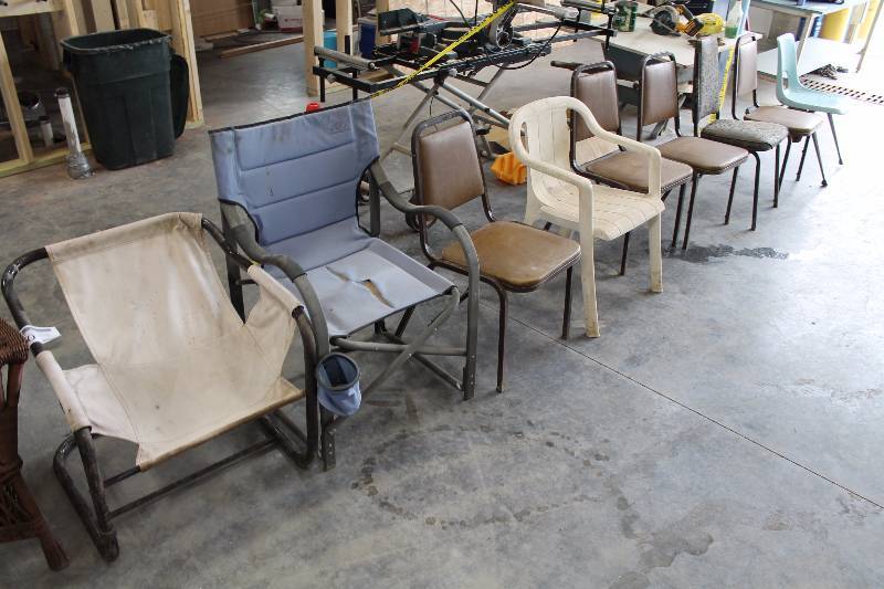 lot 250 image: Lot of (9) Various Chairs - Plastic, Padded Metal, Folding, Yard