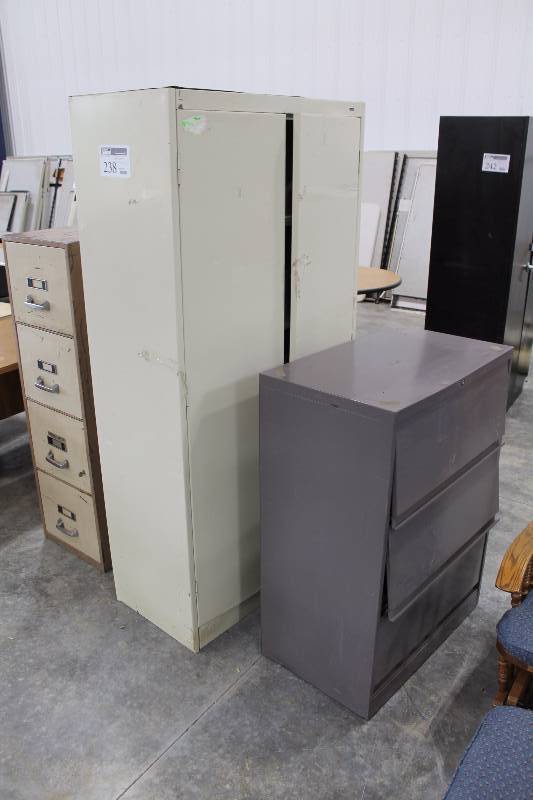 lot 238 image: Lot of (3) Metal File Cabinets Includes 1-Safe Manufacturers National Association Fire Insulated Safe w Key