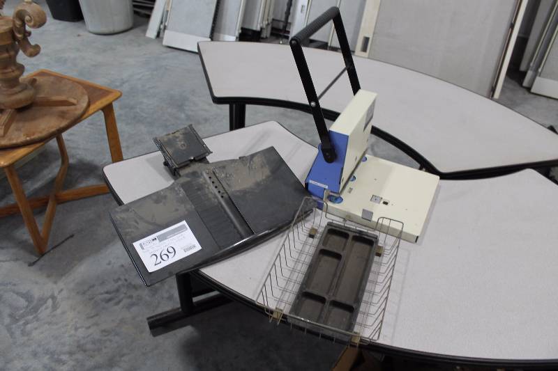 lot 269 image: Office Equipment Includes 3-Hole Punch, Keyboard Mounting Bracket, Inbox, Pencil Tray, And More