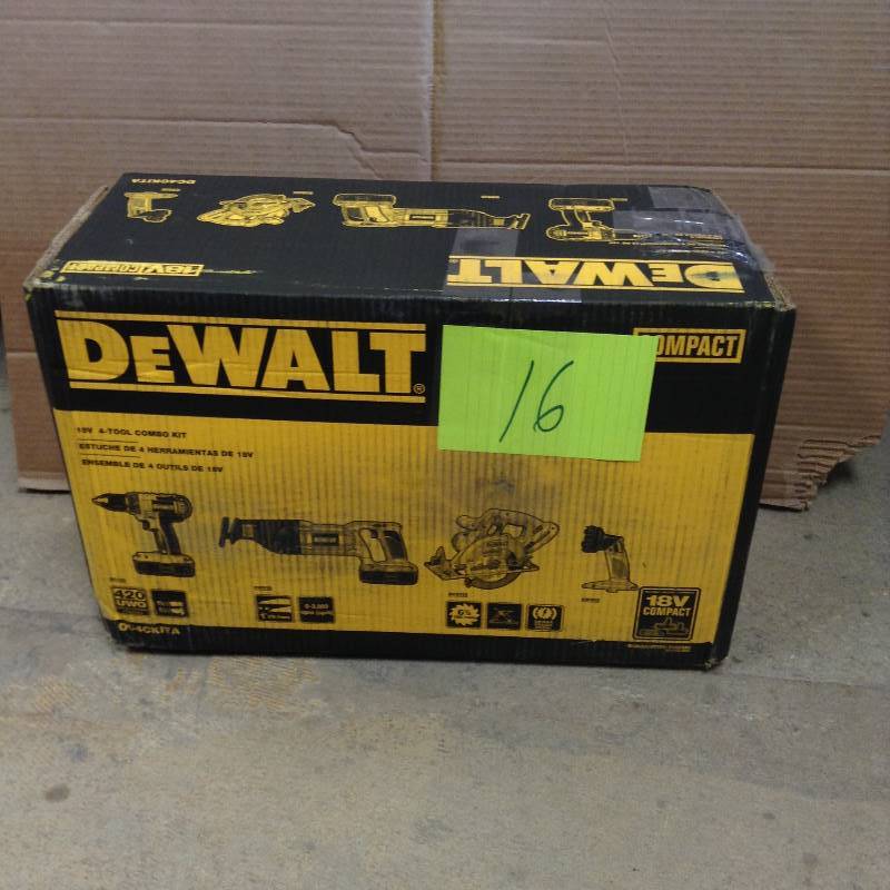 lot 16 image: DEWALT 18-Volt NiCd Cordless Combo Kit (4-Tool) with (2) Batteries 1.2Ah, 1-Hour Charger and Contractor Bag MSRP $299 Never used