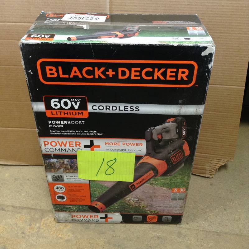 lot 18 image: Never used BLACKDECKER 100 MPH 400 CFM 60-Volt MAX Lithium-Ion Cordless Handheld Leaf Blower with 1.5Ah Battery and Charger Included