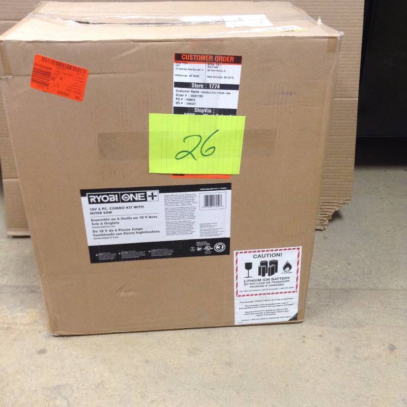 lot 26 image: Never used Ryobi 18-Volt ONE Lithium-Ion Cordless Combo Kit with Miter Saw (6-Tool)