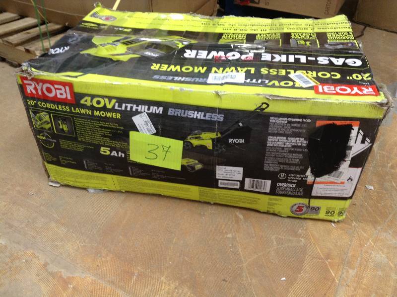 lot 37 image: MSRP $299 Never used Ryobi 20 in. 40-Volt Brushless Lithium-Ion Cordless Battery Push Lawn Mower - 5.0 Ah Battery and Charger Included