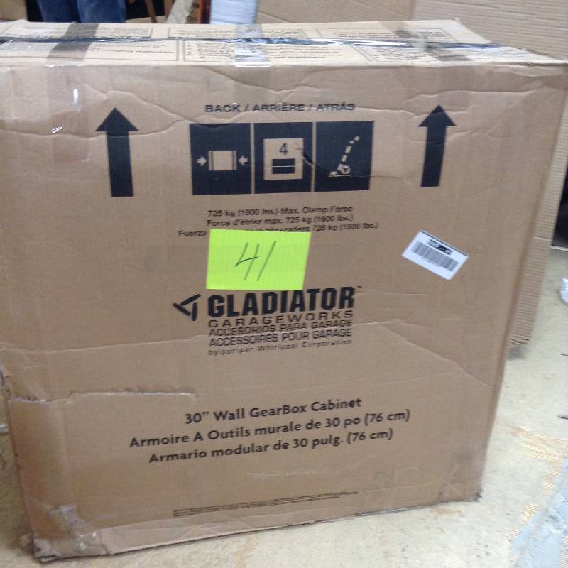lot 41 image: Never used Gladiator Premier Series Pre-Assembled 30 in. H x 30 in. W x 12 in. D Steel 2-Door Garage Wall Cabinet in Silver Tread