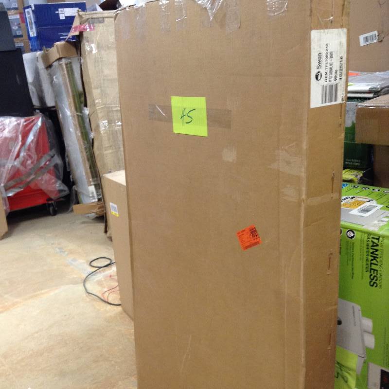 lot 45 image: MSRP $327 never used Swan 30 in. x 60 in. x 57 in. 5-Piece Easy Up Adhesive Tub Wall in White