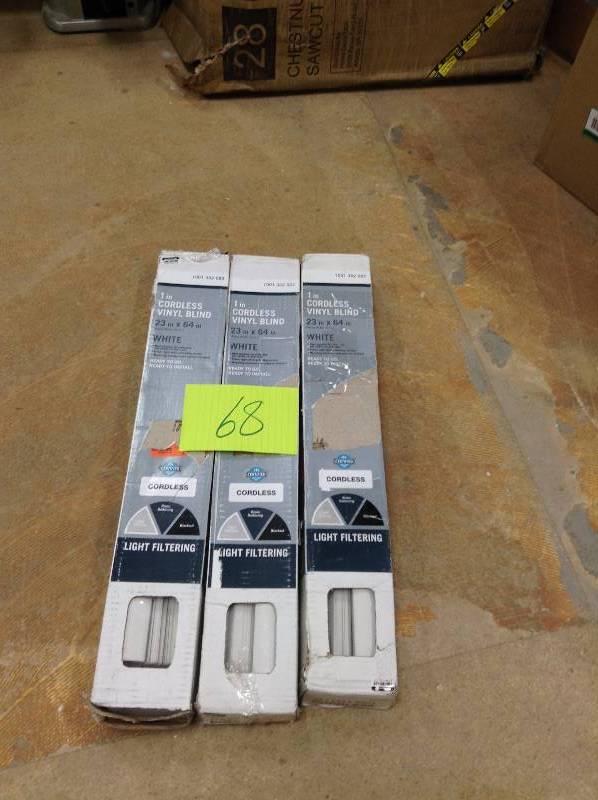 lot 68 image: 3 never used White Cordless 1 in. Mini Blind - 23 in. W x 64 in. L