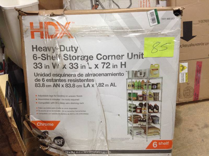 lot 85 image: MSRP $170 never used HDX 6 Shelf 72 in. H x 33 in. W x 33 in. D Heavy Duty Wire Corner Shelving Unit in Chrome