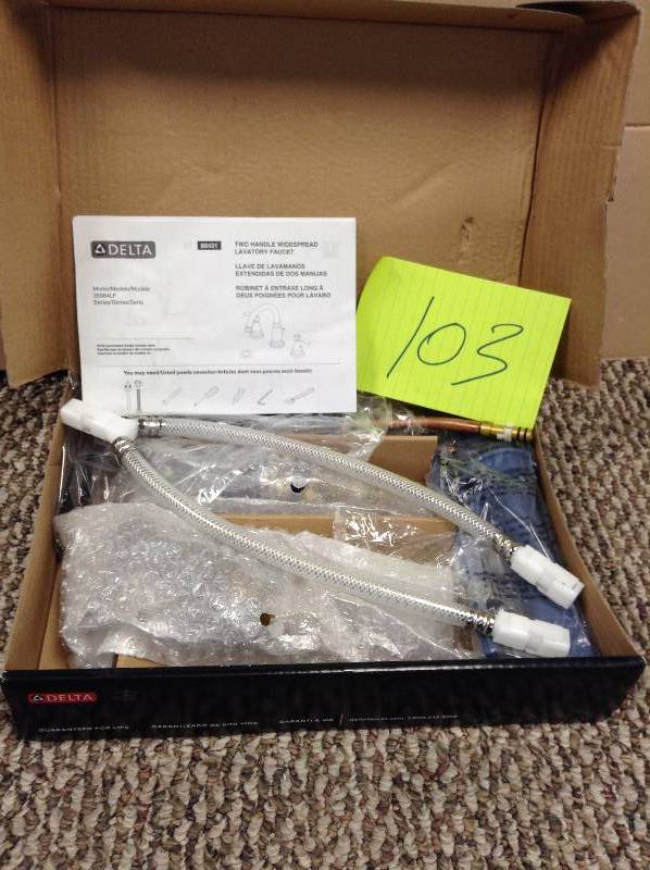 lot 103 image: MSRP $147 never used Delta Porter 8 in. Widespread 2-Handle Bathroom Faucet in Oil Rubbed Bronze