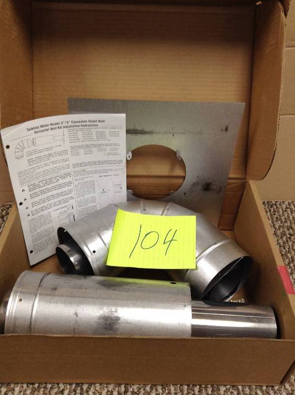 lot 104 image: never used Rheem 3 in. x 5 in. Horizontal Stainless Steel Concentric Termination Vent Kit for Mid Efficiency Tankless Gas Water Heaters