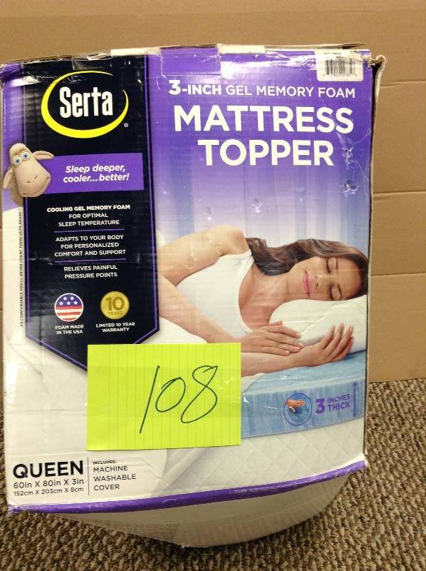 lot 108 image: MSRP $299 used Serta 3-Inch Gel Swirl Memory Foam Queen Mattress Topper