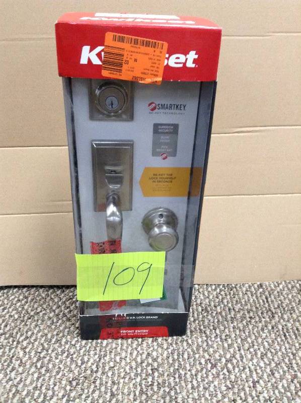 lot 109 image: never used Kwikset Hawthorne Single Cylinder Satin Nickel Handleset with Cameron Knob featuring SmartKey