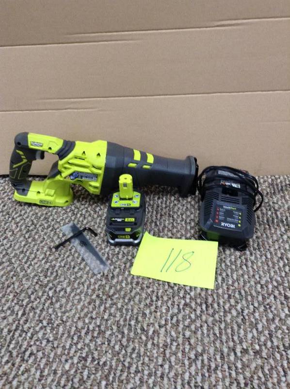 lot 118 image: MSRP $179 Ryobi 18-Volt ONE Cordless Reciprocating Saw Kit