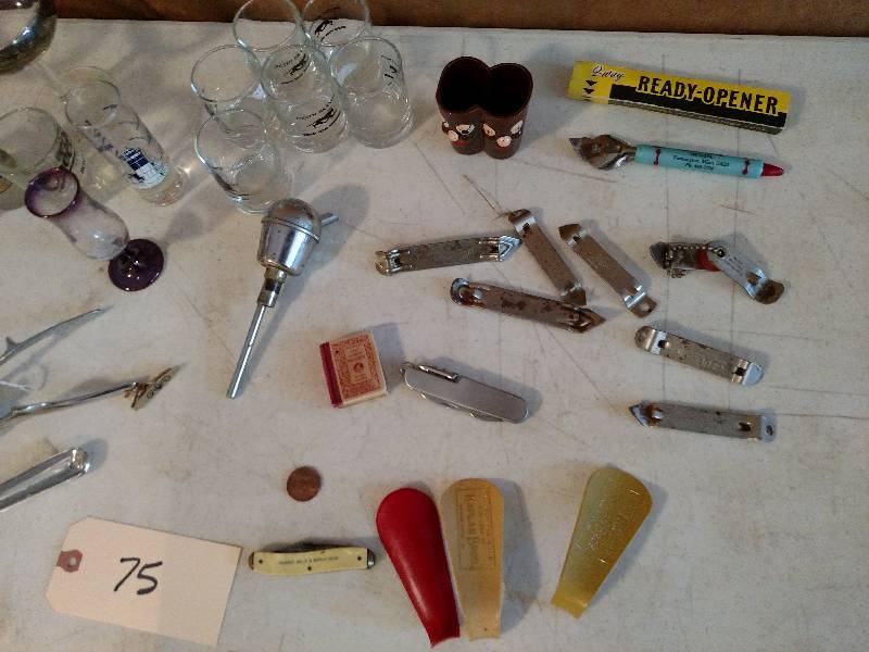 lot 75 image: Asstd Shot Glasses, Openers, & Mis...