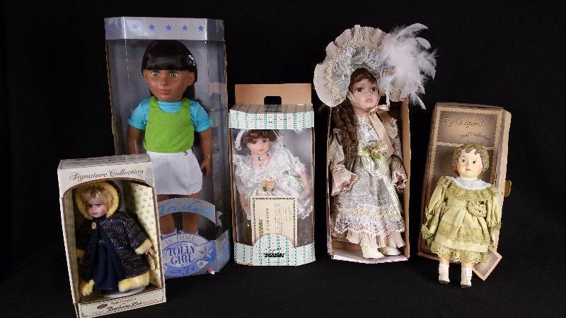 (5) Various Porcelain, Etc. Dolls w Boxes