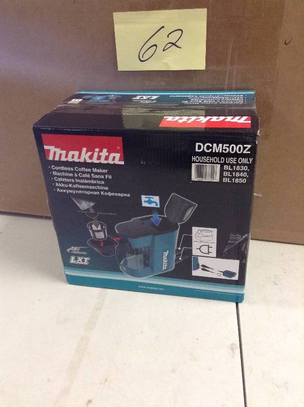 lot 62 image: Makita 18-Volt LXT Lithium-Ion Cordless Coffee Maker (Tool-Only) open box never  used