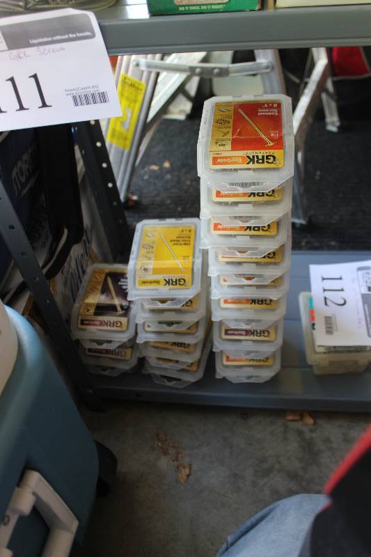 lot 111 image: Lot of (15) Boxes of GRK Screws Includes #8x1in., #9x2-12in., #8x1-12in., #8x2in., #8x2-12in., #9x3-18in., And More