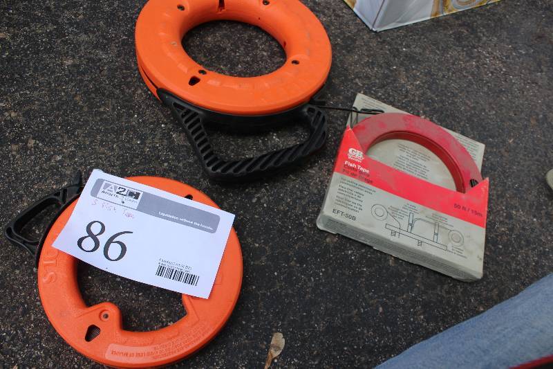 lot 86 image: Lot of (3) Steel Fish Tapes Includes Klein Tools 25ft., Gardner Bender 50ft., Klein Tools Depthfinder 65ft.