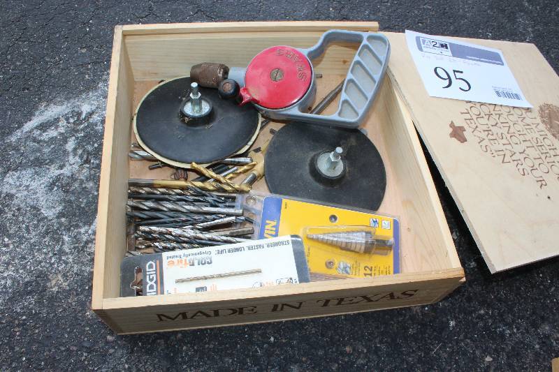lot 95 image: Box Lot of Assorted Drill Bits, Grinding Disks, Hand Driver