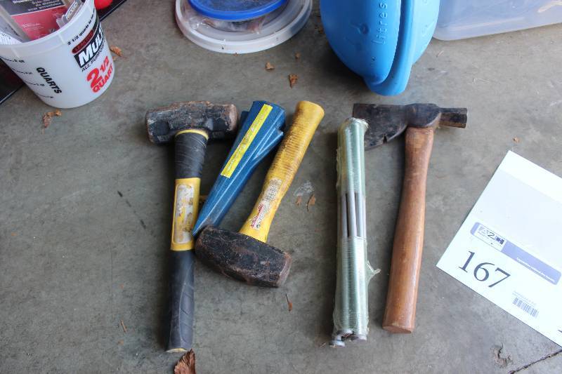 lot 168 image: Lot of (10) Hand Tools Includes 2-Hammers, 1-Hatchet, 1-Wood Splitter, 6-12in. Nails