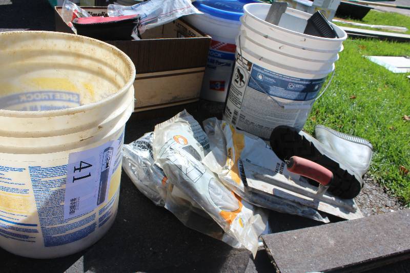 lot 41 image: Lot of (2) Buckets of Cement Tools Includes Trowels, Boots, Drop Cloths