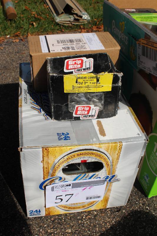 lot 57 image: Box Lot of 10D 3in. Nails Bright Common, Exterior Galvanized Box, Coated Sinker