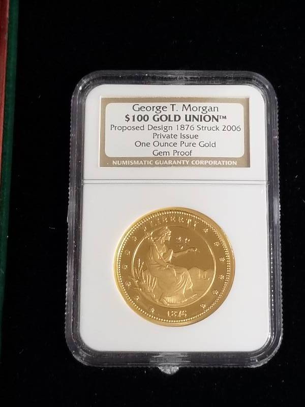 $100 GOLD Union Coin, George T. Morgan with COA, Gem Proof, 1 oz pure gold, in nice decorative diplay case