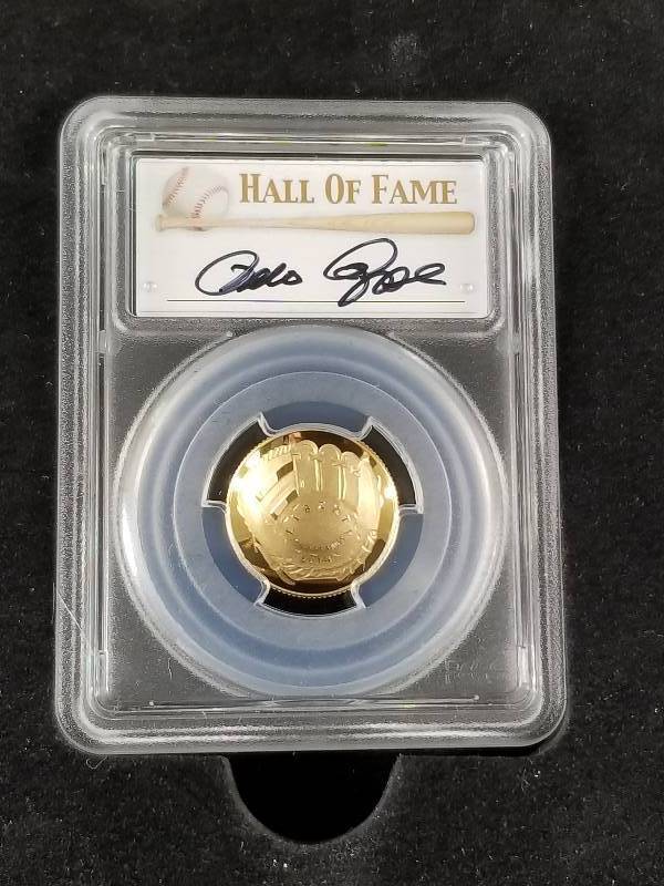 Pete Rose Gold and Silver Curved Commemorative Coins in Display Case with Key, Graded PR70DCAM, Genuine Pete Rose Autograph