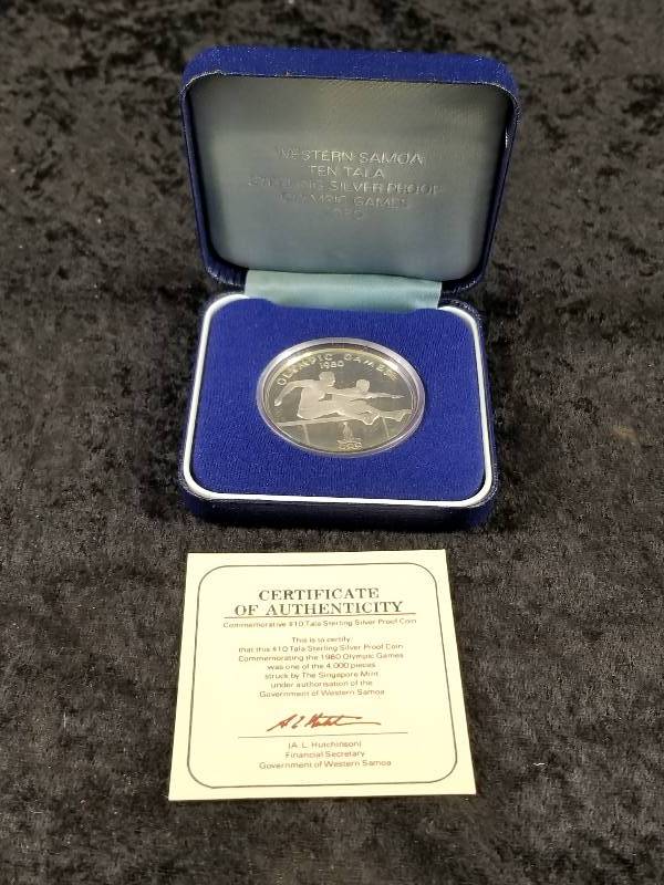 1980 Olympic Western Samoa Ten Tala SILVER Proof Coin, COA, in Display