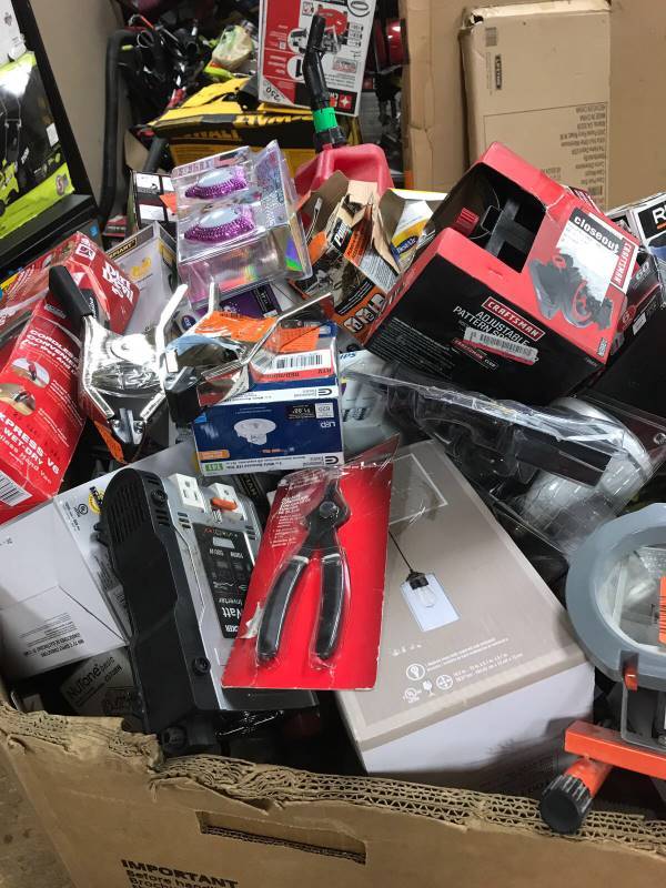 Pallet of different assorted items, including tools, lights, hardware, accessories, and more some new, open box, returns, damage pkg, etc unispected items