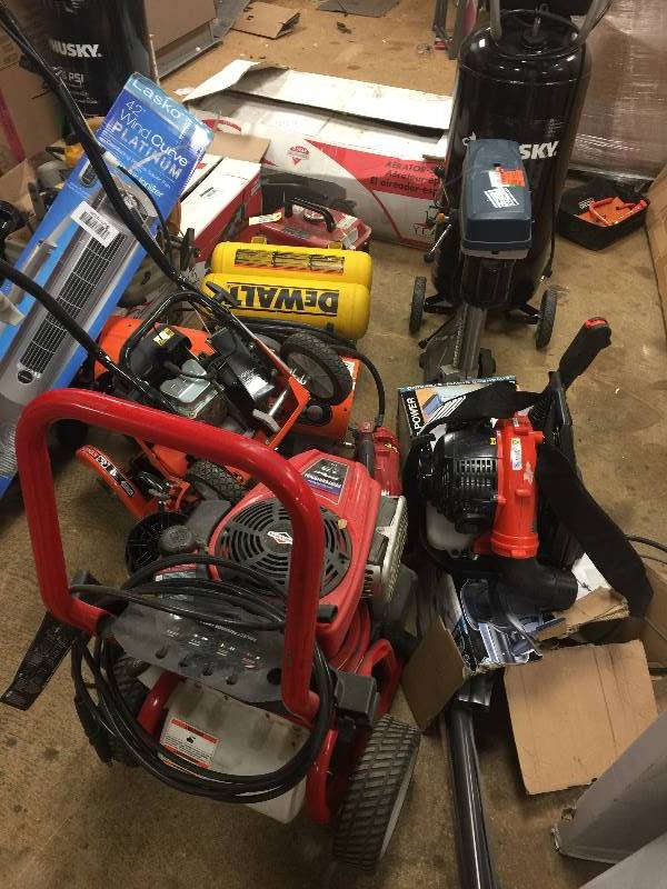 Lot of salvage tools for repair and part preassure washer, compressor, echo backpack, aerator, gas heater, and more